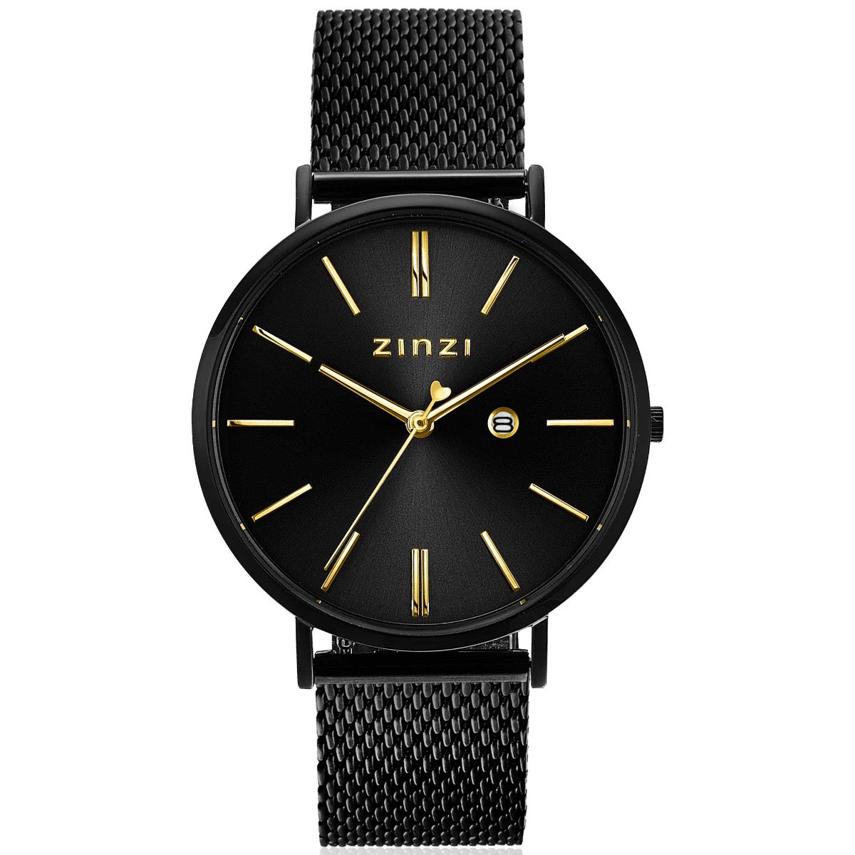 Reloj negro de acero con esfera negra y detalles dorados, correa de malla.