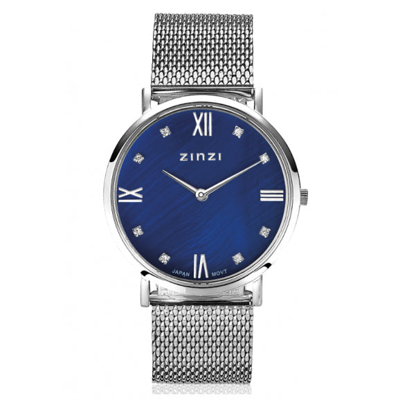 Reloj de acero color plateado con esfera azul y detalles en cristales brillantes.