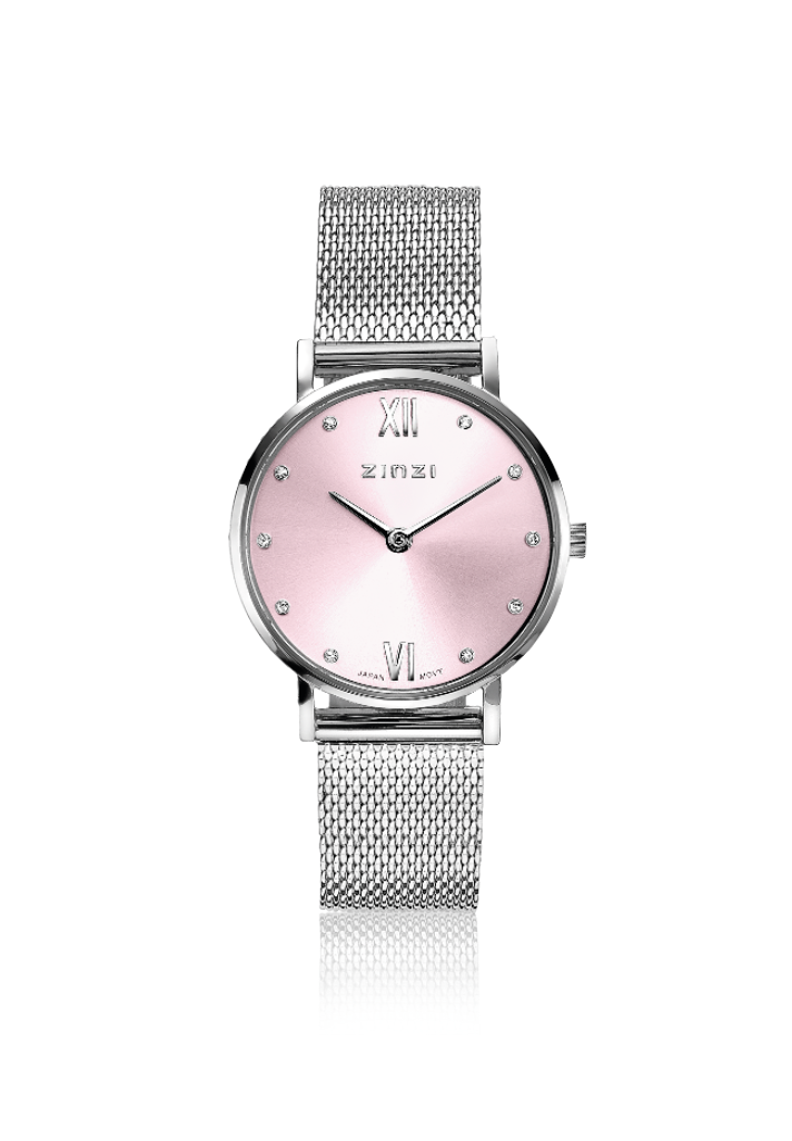 Reloj de acero color plateado con esfera rosa y detalles de cristales, correa de malla.