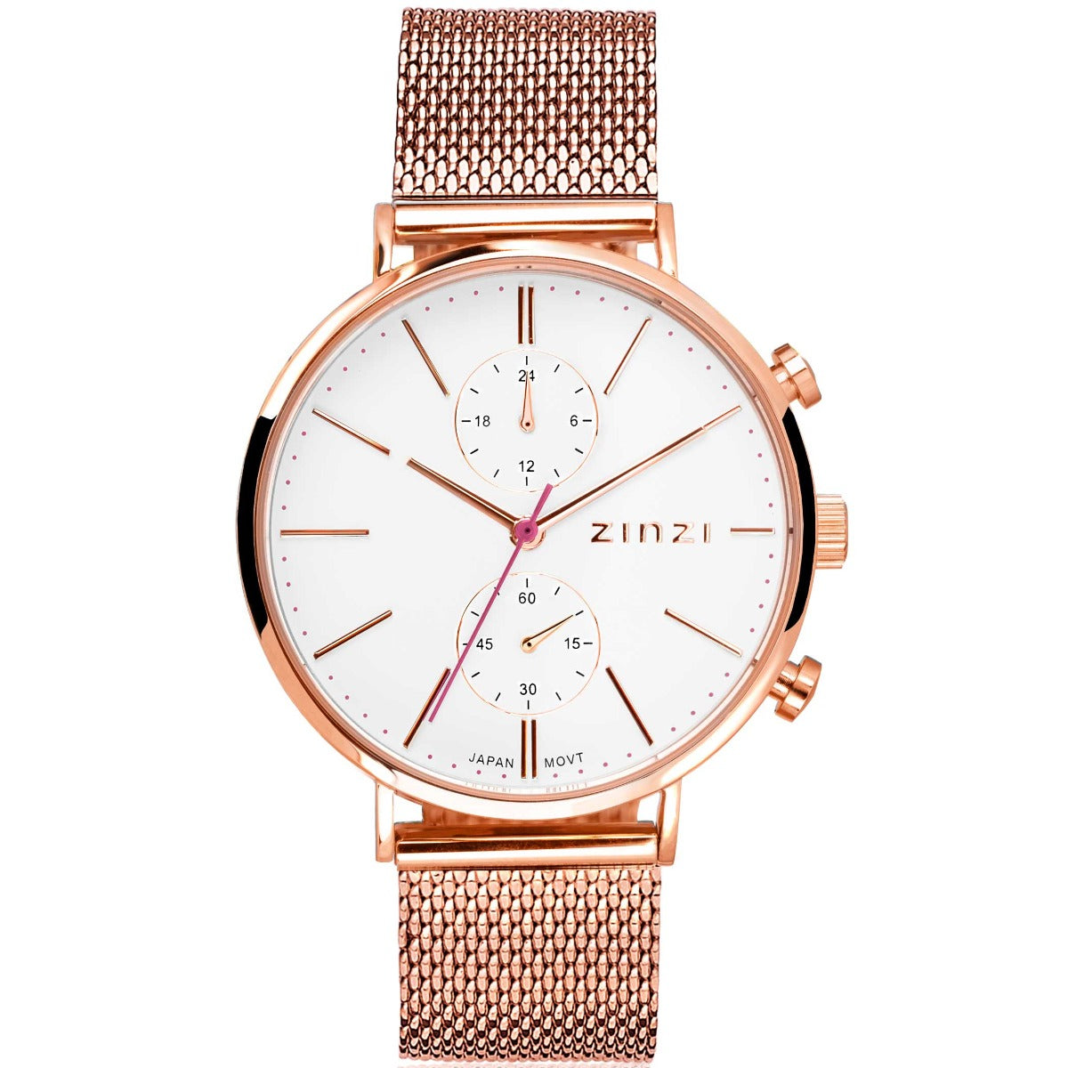 Reloj de acero inoxidable color rosado con esfera blanca y correa de malla.