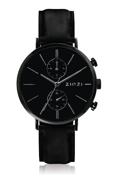 Reloj negro de acero con correa de piel, esfera negra y detalles plateados.