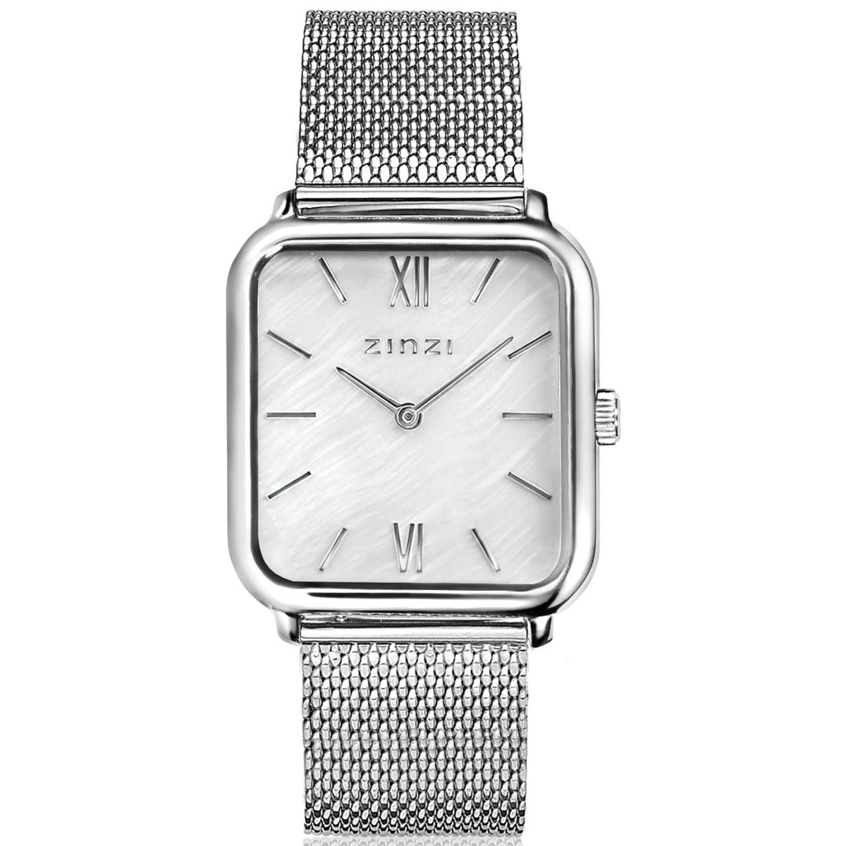 Reloj de acero color plateado con esfera rectangular y malla metálica.